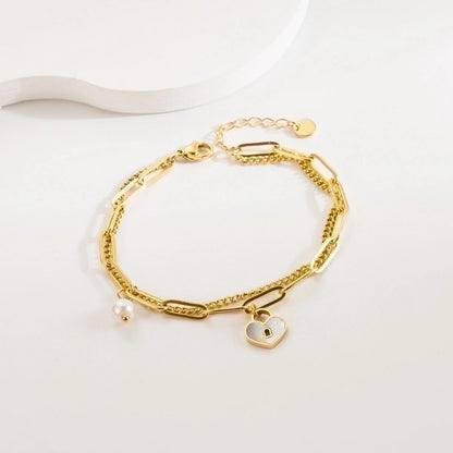 3 Pieces Elegant Vintage Style Heart Shape Lock 304 Stainless Steel Baroque Pearls 18K Gold Plated Bracelets In Bulk