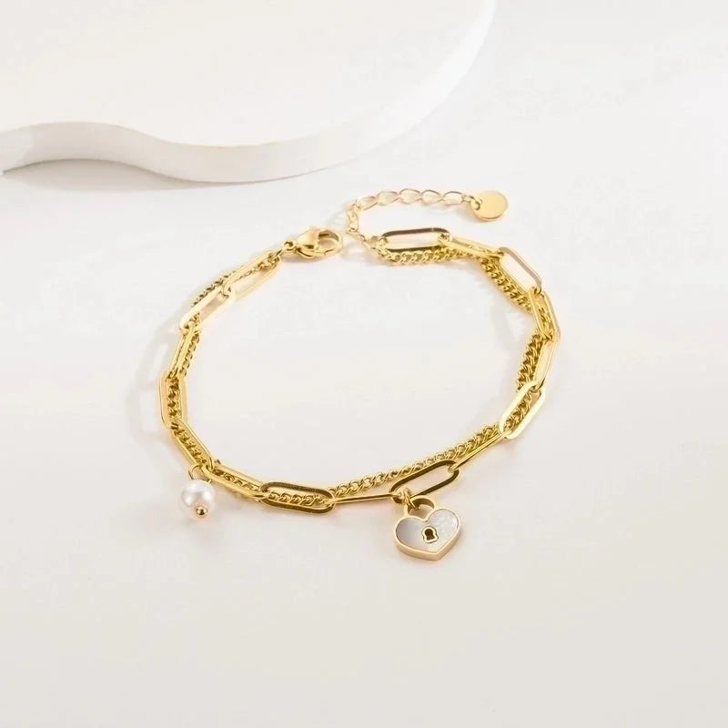 3 Pieces Elegant Vintage Style Heart Shape Lock 304 Stainless Steel Baroque Pearls 18K Gold Plated Bracelets In Bulk