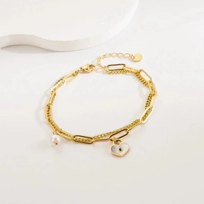 3 Pieces Elegant Vintage Style Heart Shape Lock 304 Stainless Steel Baroque Pearls 18K Gold Plated Bracelets In Bulk