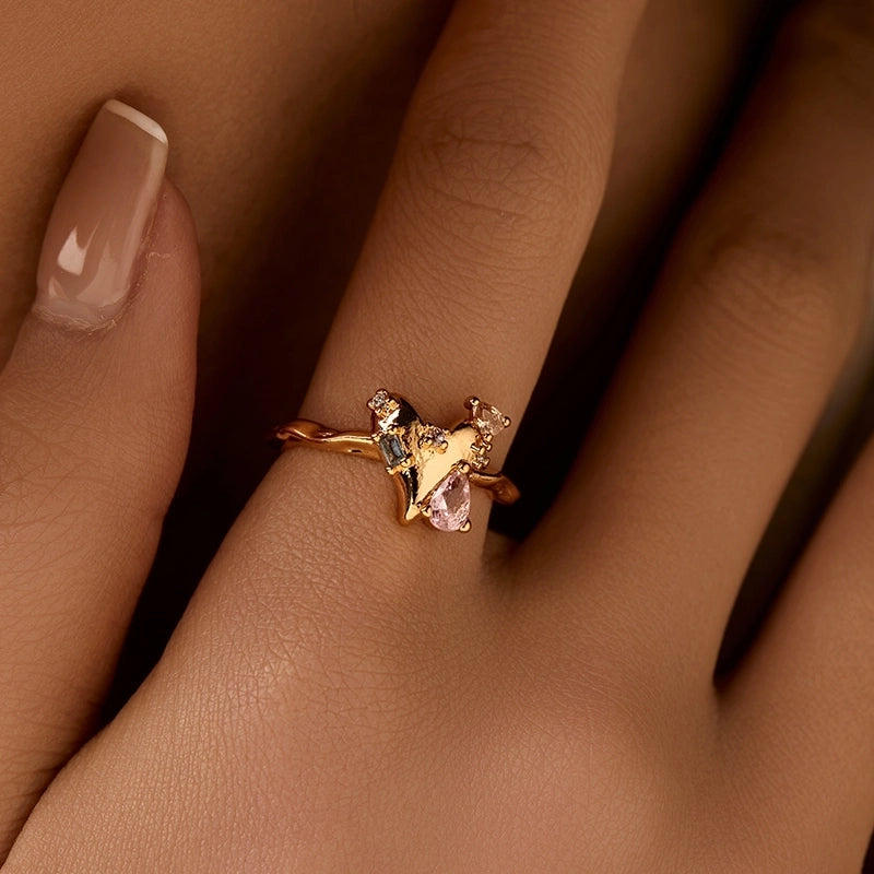 Copper 18K Gold Plated Inlay Semicircle Round Petal Zircon Open Rings