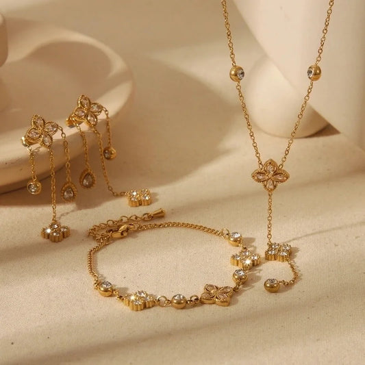 French Style Commute Four Leaf Clover Solid Color Flower 304 Stainless Steel Zircon 18K Gold Plated Inlay Bracelets Earrings Necklace