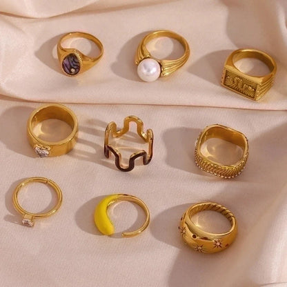 Minimalist Solid Color 304 Stainless Steel Pearl Zircon 18K Gold Plated Plating Inlay Rings