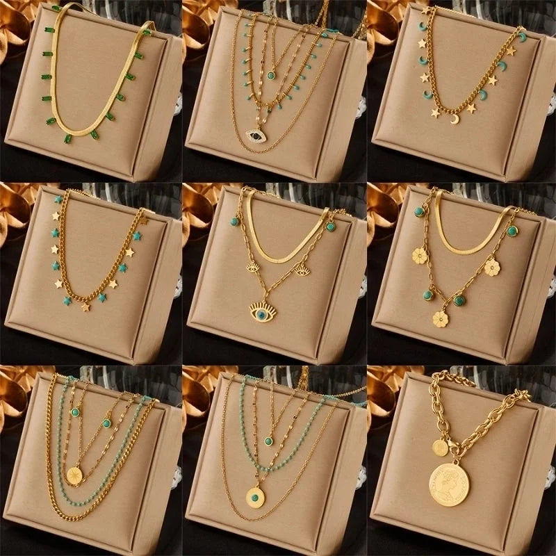 Lady Star Moon Floral Titanium Steel Plating Necklace