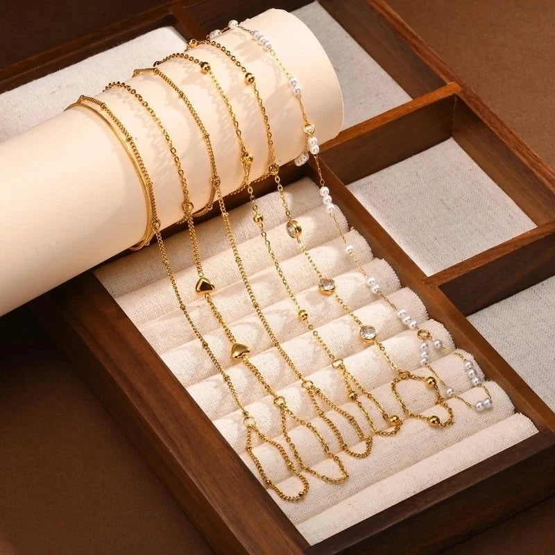 IG Style Round Heart Shape 201 Stainless Steel 18K Gold Plated Artificial Pearls Zircon Cable Chain Bracelets In Bulk