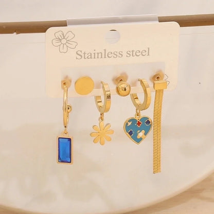 1 Set Elegant Minimalist Star Heart Shape Bow Knot 304 Stainless Steel Titanium Steel Glass Zircon 18K Gold Plated Drop Earrings