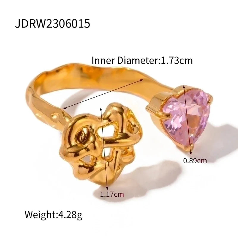 IG Style Grid Flower 304 Stainless Steel Zircon Asymmetrical Plating Inlay Open Rings