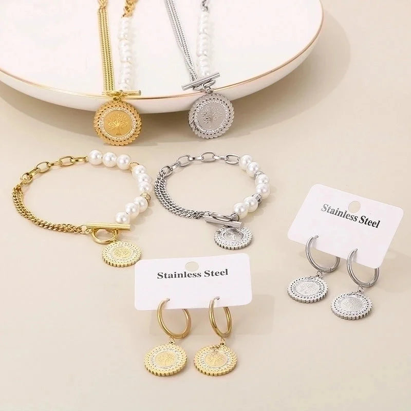 Elegant Lady Tree Titanium Steel 18K Gold Plated Plating Earrings Necklace