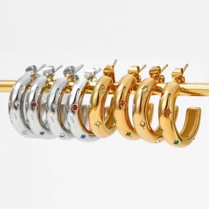1 Pair Classic Style C Shape Plating Inlay 304 Stainless Steel Artificial Gemstones 16K Gold Plated White Gold Plated Gold Plated Earrings