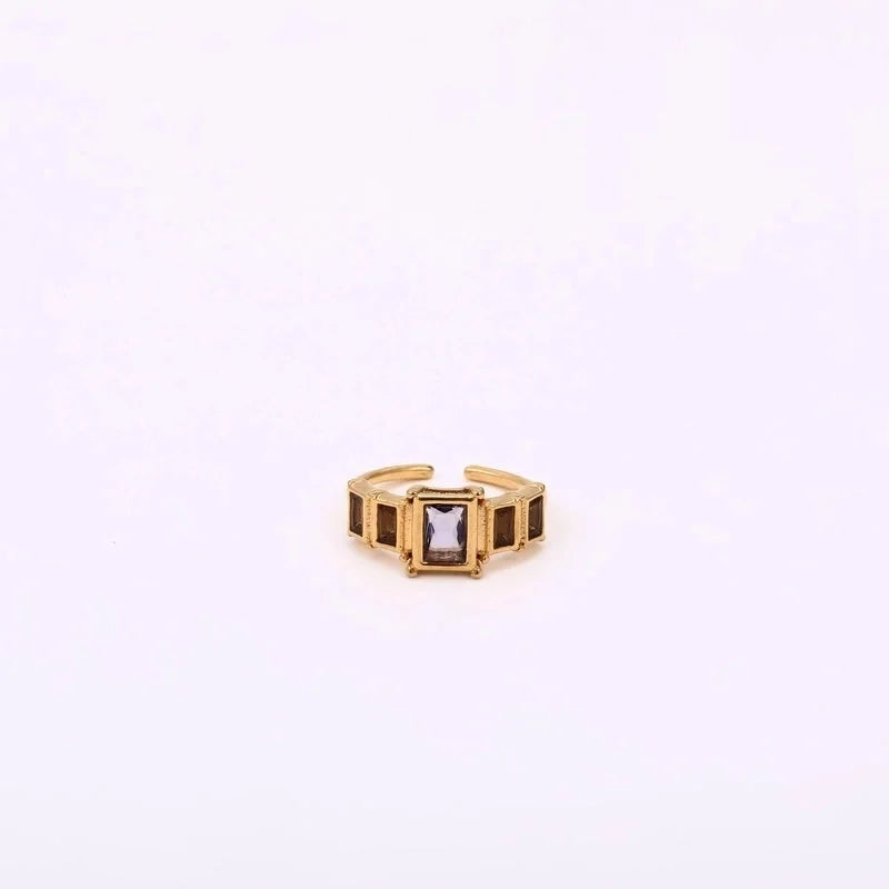 Classic Style Rectangle 304 Stainless Steel Zircon 18K Gold Plated Inlay Open Rings