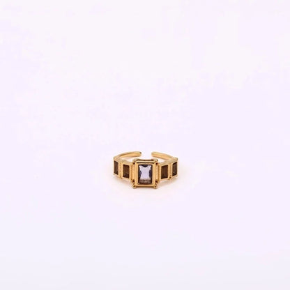 Classic Style Rectangle 304 Stainless Steel Zircon 18K Gold Plated Inlay Open Rings