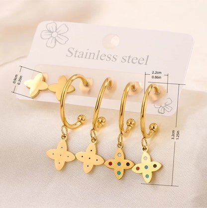 3 Pairs Minimalist Heart Shape Flower Enamel 304 Stainless Steel 18K Gold Plated Drop Earrings Ear Studs