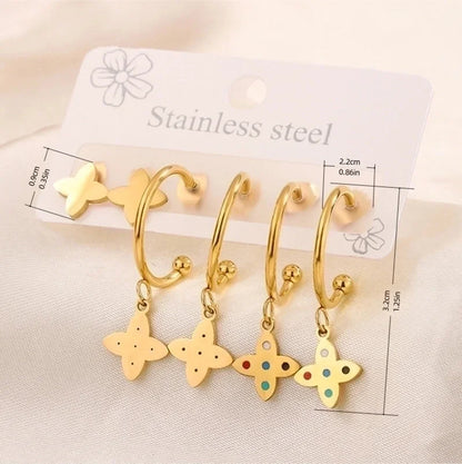 3 Pairs Minimalist Heart Shape Flower Enamel 304 Stainless Steel 18K Gold Plated Drop Earrings Ear Studs