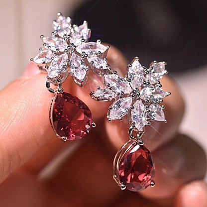 Fashion New Inlaid Water Drop Pear-shaped Red Zircon Copper Earrings