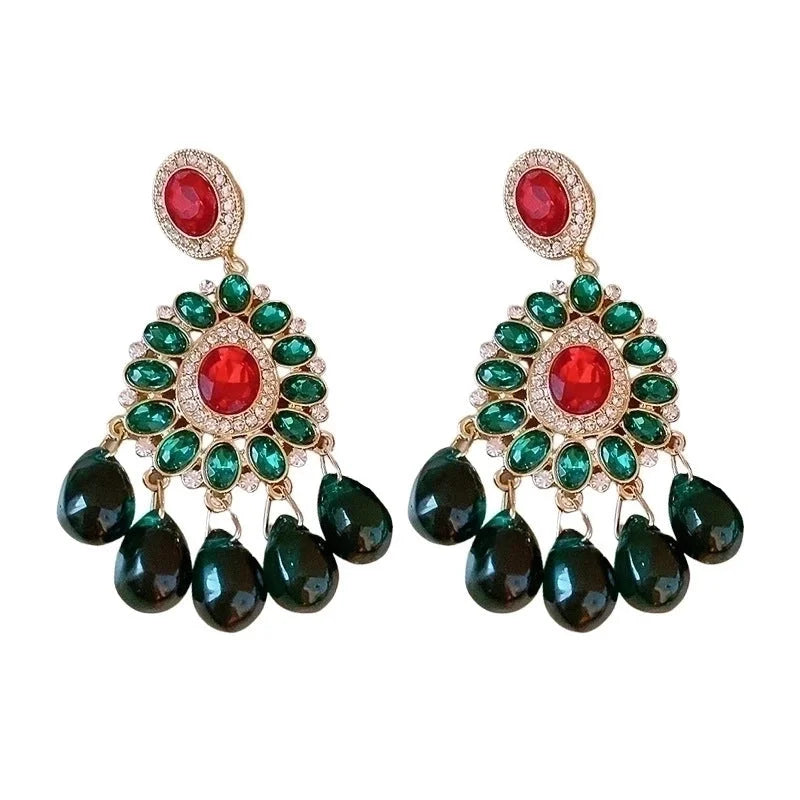 1 Pair Retro Color Block Heart Shape Pleated Inlay Copper Rhinestones Drop Earrings