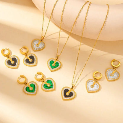 IG Style Minimalist Heart Shape Titanium Steel Shell Zircon Inlay Earrings Necklace