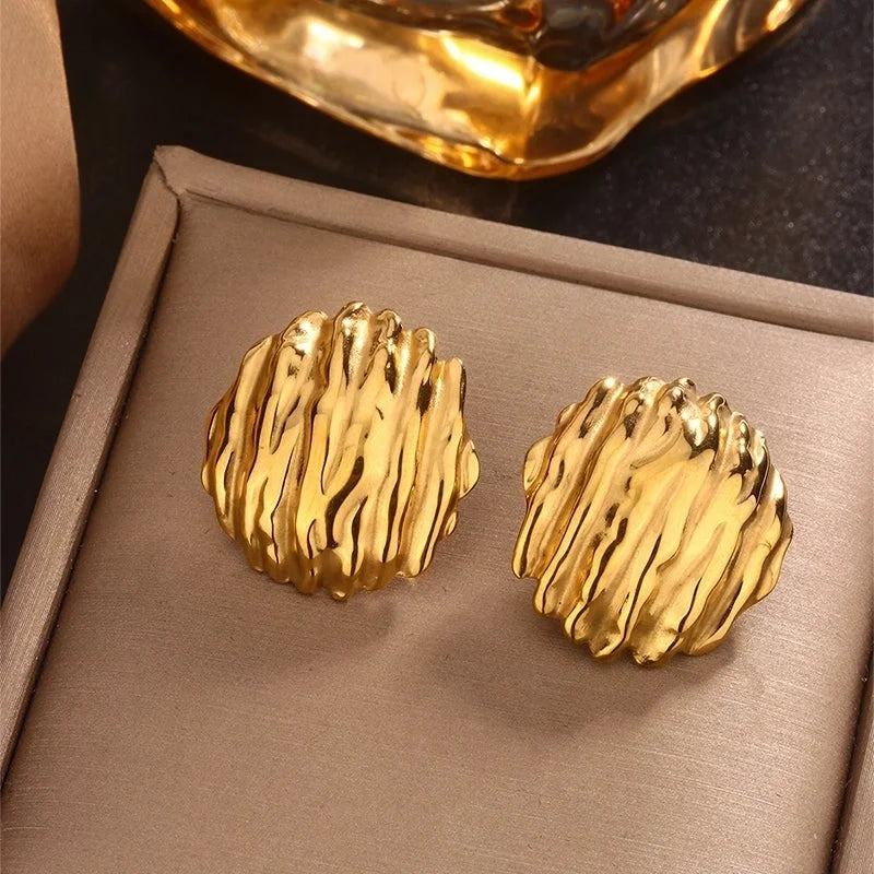 1 Pair IG Style Retro Maple Leaf Shell Lightning Plating Pleated 304 Stainless Steel 18K Gold Plated Ear Studs