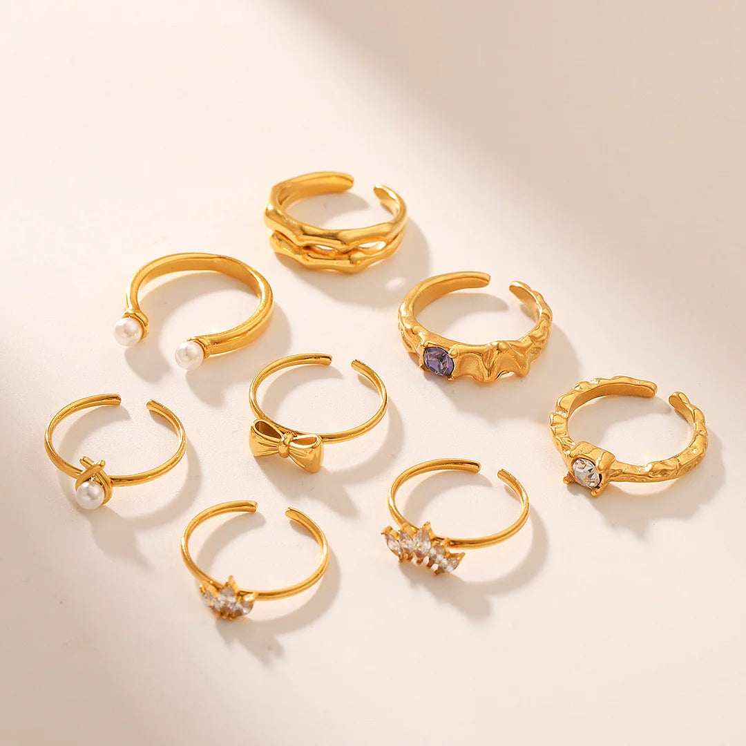 Open Ring IG Style Textured Pearl Bowknot Geometric Stainless Steel Zircon Inlay Rings