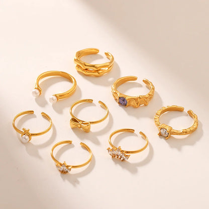 Open Ring IG Style Textured Pearl Bowknot Geometric Stainless Steel Zircon Inlay Rings