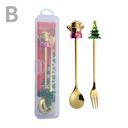J Christmas Spoon Set Cartoon Colorful Santa Claus Christmas Tree Spoon Fork Coffee Dessert Spoon Gift Box