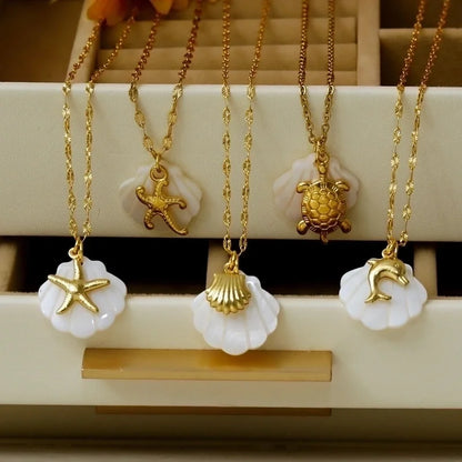 Vacation Marine Style Beach Starfish Dolphin Shell 304 Stainless Steel Shell 18K Gold Plated Pendant Necklace