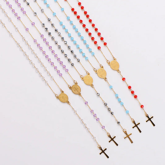 Christmas Gift St. Benedict + Cross Long Crystal Necklace