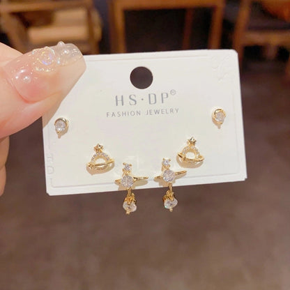 Fashion Geometric Copper Plating Artificial Pearls Zircon Earrings 3 Pairs