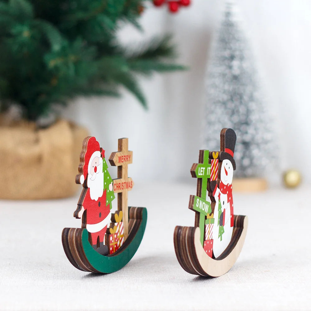 2 Pieces Christmas Wooden Tumbler Snowman Ornament Santa Claus Decoration Holiday Scene Decor