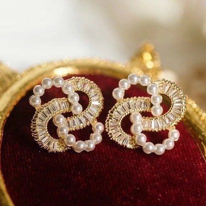 2 Pieces Retro Flower Copper Inlay Zircon Drop Earrings Ear Studs 1 Pair