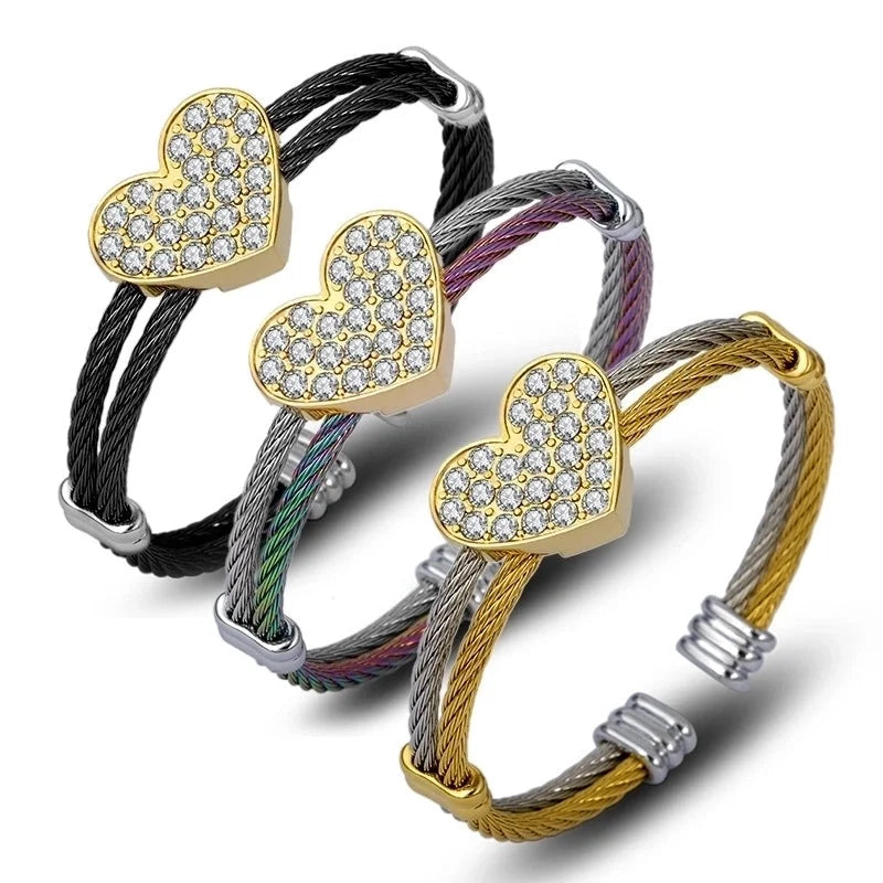 Minimalist Heart Shape Stainless Steel Rhinestones Bangle In Bulk