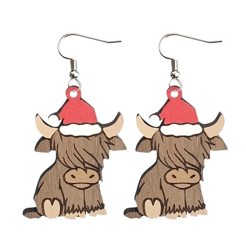 Retro Christmas Hat Cattle Wood Printing Christmas Women's Earrings 1 Pair