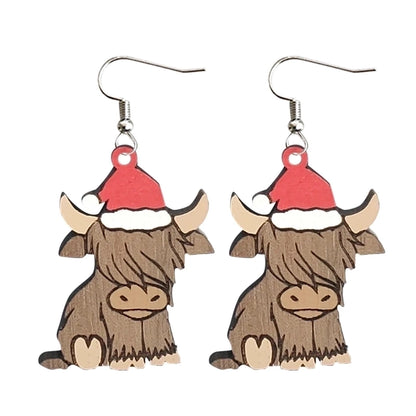 Retro Christmas Hat Cattle Wood Printing Christmas Women's Earrings 1 Pair
