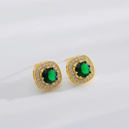 Copper 18K Gold Plated Minimalist Shiny Inlay Square Zircon Rings Earrings Necklace