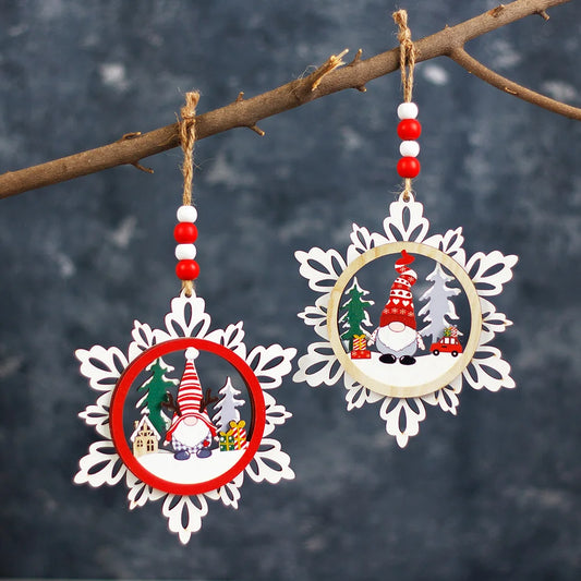 2 Pieces Three-layer Wooden Snowflake Hanging Decoration Faceless Old Man Gnome Christmas Tree Ornament
