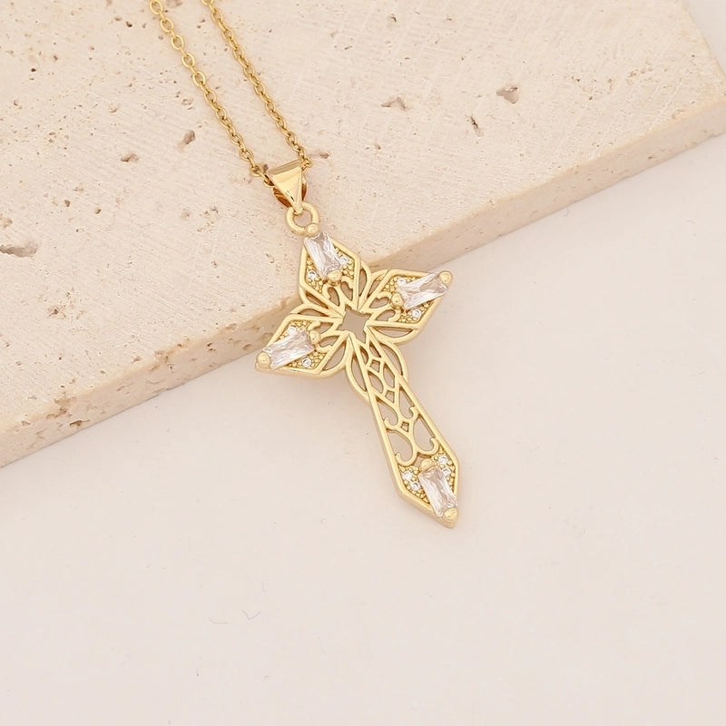 Commute Cross Copper Inlay 18K Gold Plated Zircon Pendant Necklace