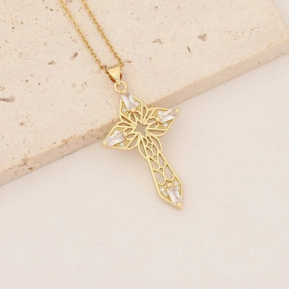 Commute Cross Copper Inlay 18K Gold Plated Zircon Pendant Necklace