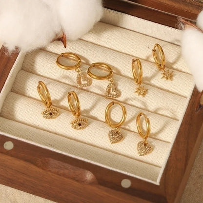 1 Pair Streetwear Hexagram Heart Shape Eye Polishing Plating Inlay 304 Stainless Steel Zircon Drop Earrings