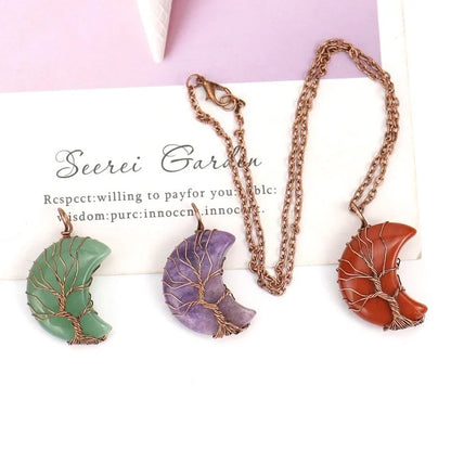 Minimalist Moon Tree Natural Stone Copper Pendant Necklace In Bulk