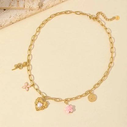 Sweet Star Heart Shape Shell 304 Stainless Steel Imitation Pearl 18K Gold Plated Enamel Plating Inlay Pendant Necklace Multi Charms Necklace