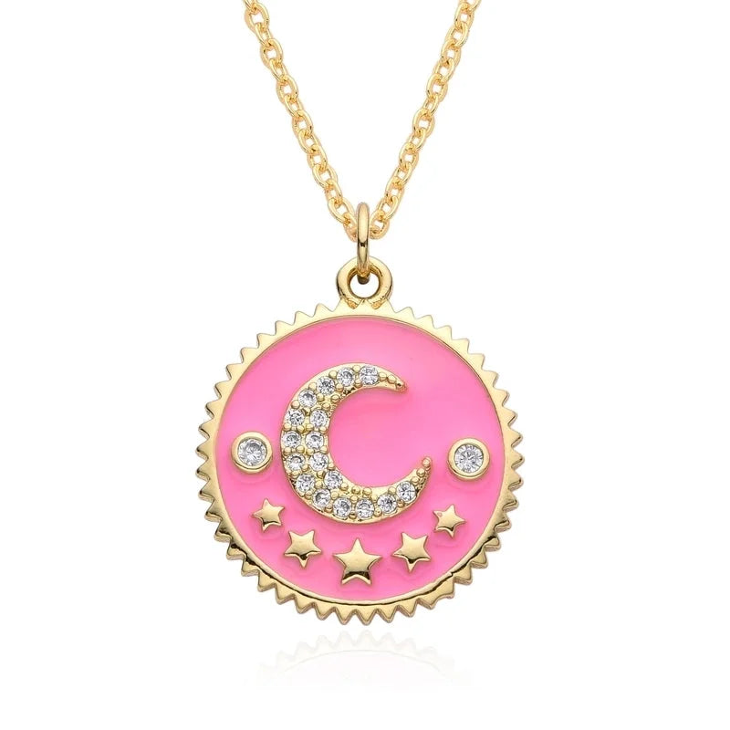 Copper Inlay Star Moon Zircon Pendant Necklace