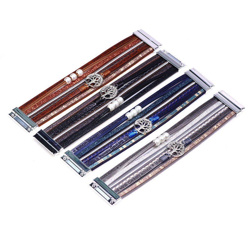 Fashion Hollow Tree Of Life Embossed Letters Pearl Bracelet