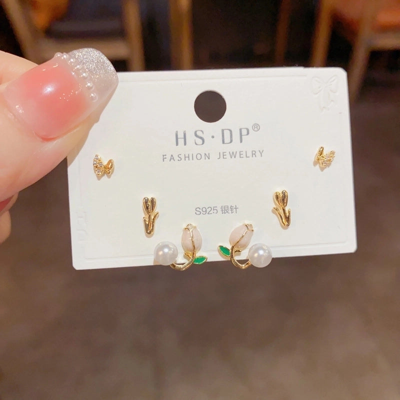 Fashion Geometric Copper Plating Artificial Pearls Zircon Earrings 3 Pairs