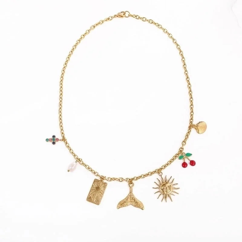 Vintage Style Classic Style Cross Cherry Fish Tail 304 Stainless Steel Rhinestones 18K Gold Plated Asymmetrical Multi Charms Necklace