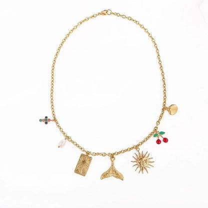 Vintage Style Classic Style Cross Cherry Fish Tail 304 Stainless Steel Rhinestones 18K Gold Plated Asymmetrical Multi Charms Necklace