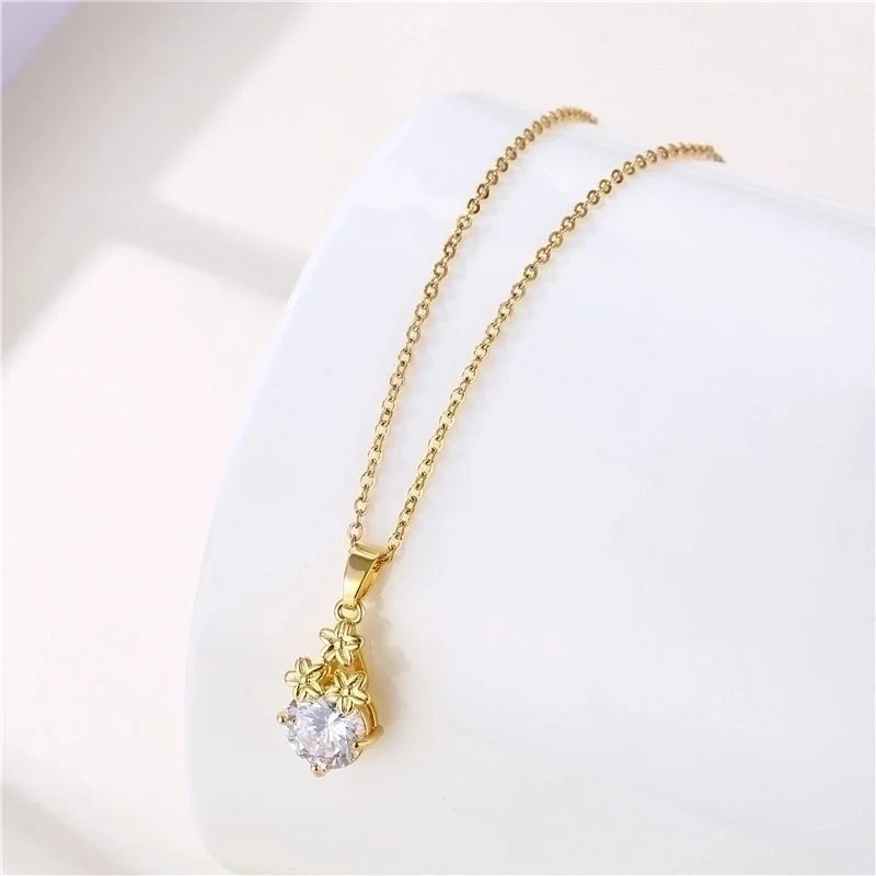 Stainless Steel Titanium Steel 18K Gold Plated Minimalist Plating Inlay Flower Dragonfly Butterfly Zircon Pendant Necklace
