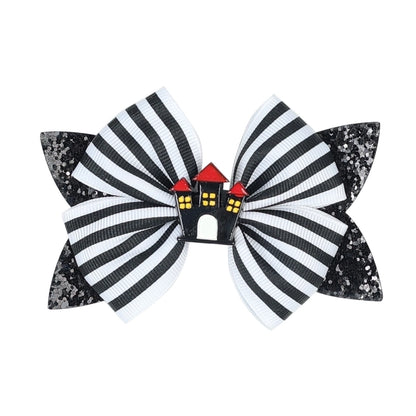 Funny Kid'S Halloween Pattern Pumpkin Bat Ribbon Sequins Bowknot Hair Clip