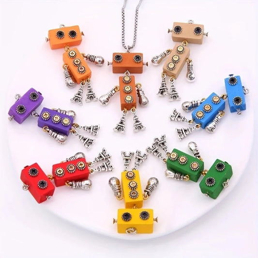 Modern Style Cool Style Robot 304 Stainless Steel Alloy Wood 18K Gold Plated Pendant Necklace