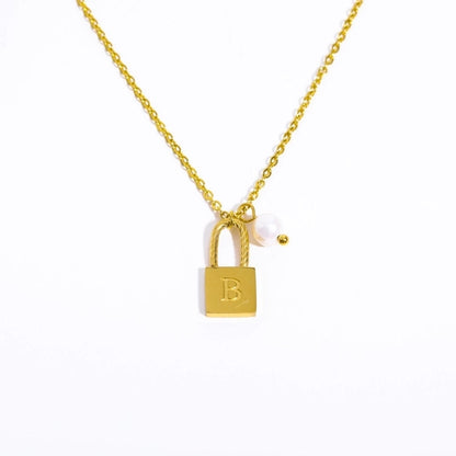 201 Stainless Steel 304 Stainless Steel Glass Gold Plated Casual Minimalist Pearl Plating Letter Lock Pendant Necklace