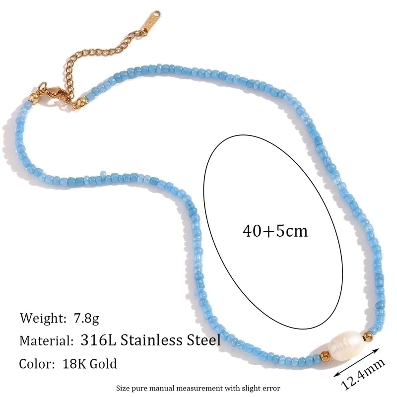 Casual Basic Solid Color 304 Stainless Steel Freshwater Pearl Seed Bead 18K Gold Plated Beaded Plating Necklace