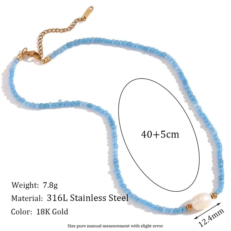 Casual Basic Solid Color 304 Stainless Steel Freshwater Pearl Seed Bead 18K Gold Plated Beaded Plating Necklace