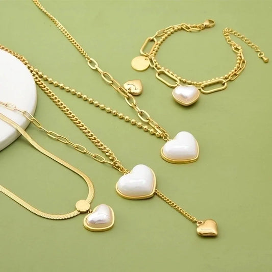 Fashion Heart Shape 304 Stainless Steel Artificial Pearls 18K Gold Plated Inlay Stainless Steel Jewelry Sets